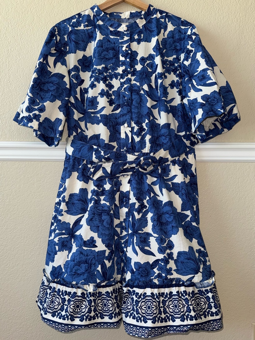 Joie Beautiful Floral Blue White Button Front Dress Puff Sleeves Size Large